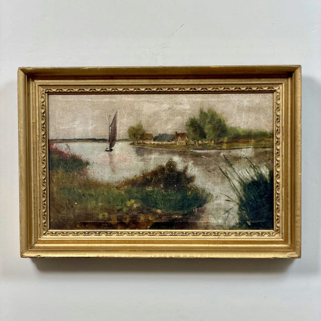 19th Century Antique Landscape Oil Painting "Sailboat Sail" Art Holland Art Shop