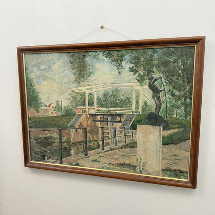 Refined Cityscape Oil Painting "River Lock" Vintage Large Art Holland Art Shop