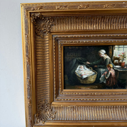 Classic Oil Painting Interior "Caring Grandmother" Vintage Small Art Holland Art Shop