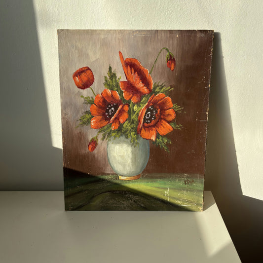 Remarkable Flowery Still Life Oil Painting "Crimson Poppy Bouquet" Small Artwork