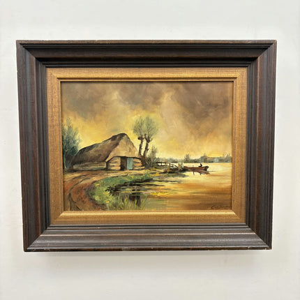 Rustic Landscape Oil Painting "Thatched Cottage" Vintage Art Holland Art Shop