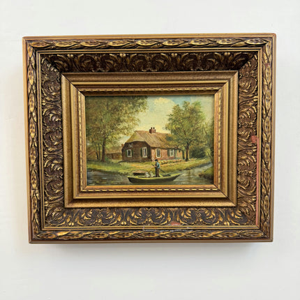 Original Landscape Oil Painting "River Boat" Traditional Small Art Holland Art Shop