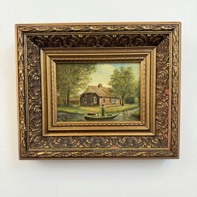 Original Landscape Oil Painting "River Boat" Traditional Small Art Holland Art Shop