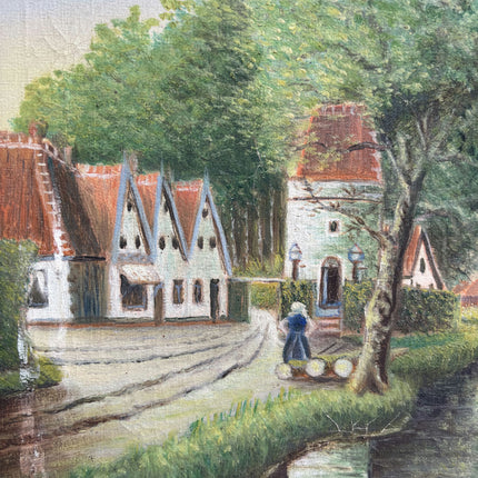 Vintage Cityscape Oil Painting "Village Canal" Traditional Artwork Holland Art Shop