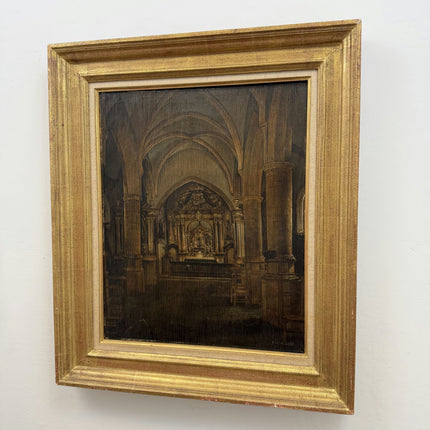 1938 Church Interior Oil Painting "Gilded Frame" Belgian Art Holland Art Shop