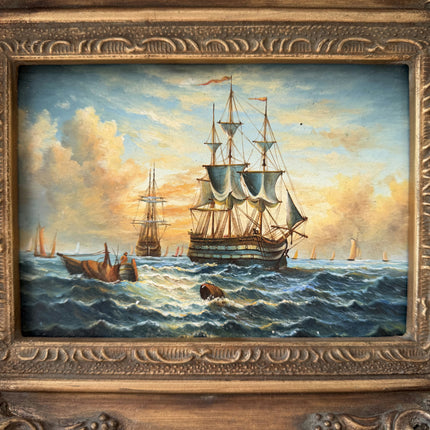 Detailed Harbor Scene Oil Painting "Sailing Ship" Rustic Small Artwork Holland Art Shop
