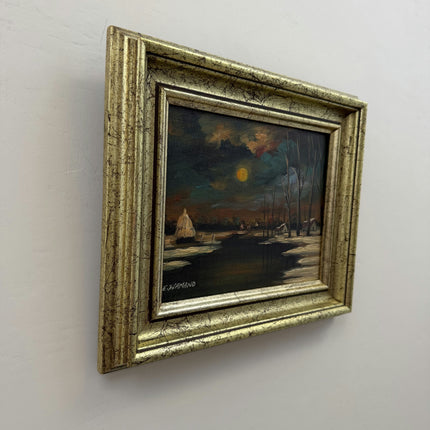 Expressive Winter Landscape Oil Painting "Full Moon" Refined Small Artwork Holland Art Shop