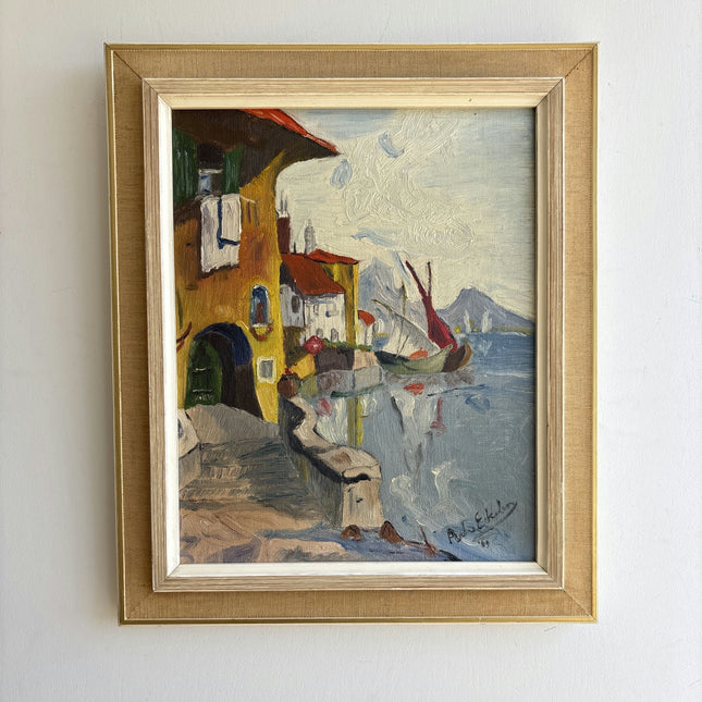 Refined Harbor Scene Oil Painting "Yellow House" Handcrafted Small Art Holland Art Shop