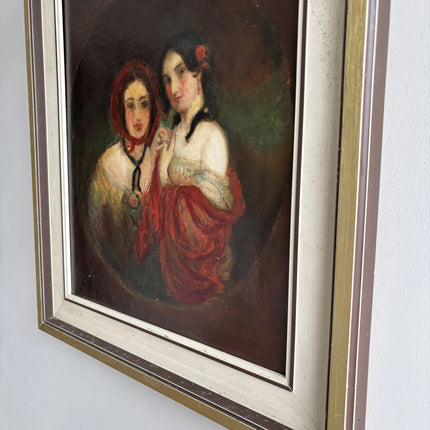 19th Century Antique Figurative Oil Painting "Two Women" Belgique Artwork Holland Art Shop