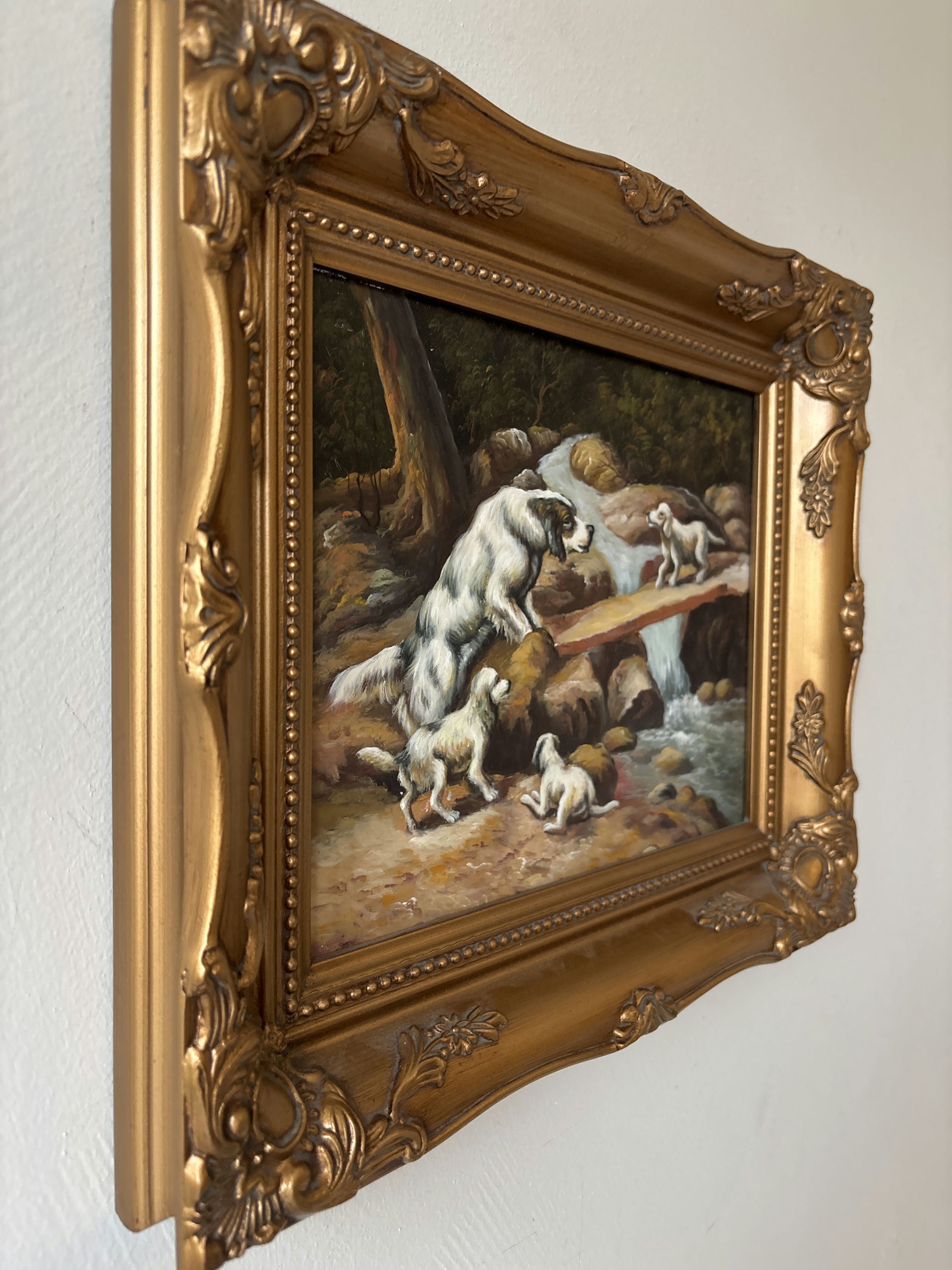 Antique Hand Made Dogs River Rocks Forest Bridge Oil Painting