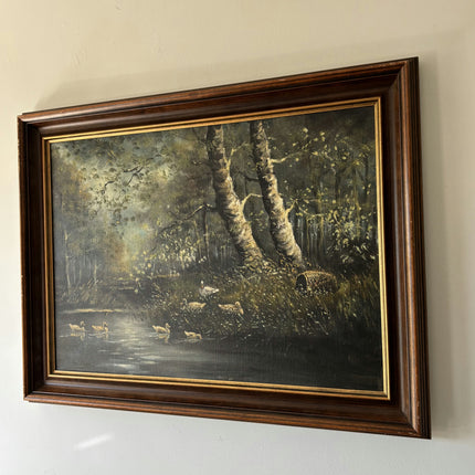 Rustic Landscape Oil Painting "Birch Trunk" Vintage Large Art Holland Art Shop