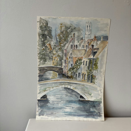 20th Century Canal Bridges Riverside Houses Trees Tower Aquarel Vintage