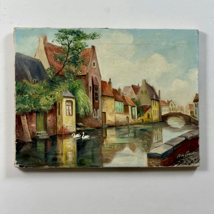 Vintage Cityscape Oil Painting "Canal Houses" Expressive Small Artwork Holland Art Shop