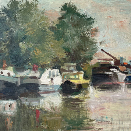 Remarkable Oil Painting Harbor Scene "River Boats" Striking Belgique Artwork Holland Art Shop