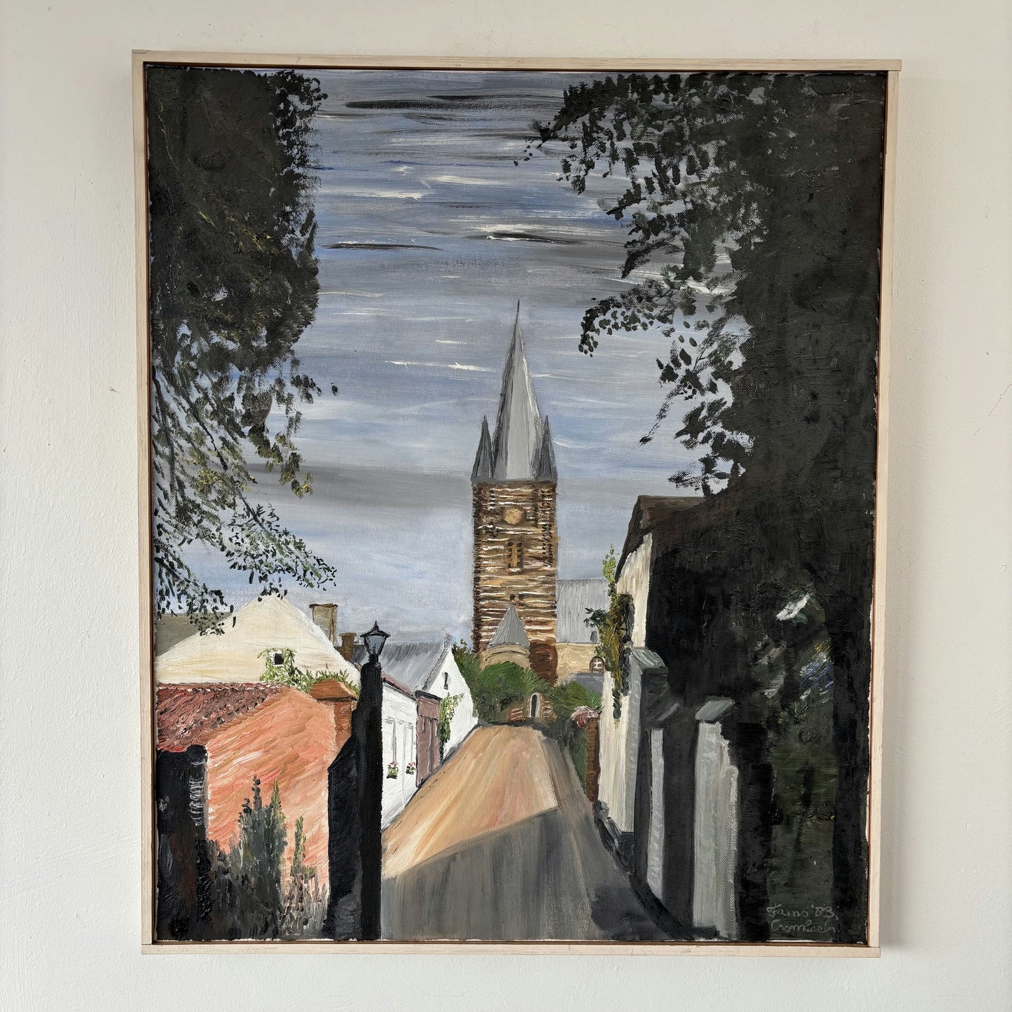 Figurative Oil Painting Cityscape "Church Tower" Vintage Medium Art