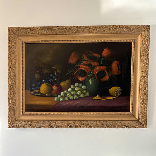 Vintage Oil Painting Still Life "Vibrant Poppies" Grapes Food Art