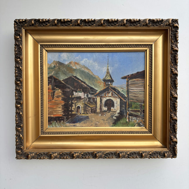Original Landscape Oil Painting "Village Church" Vintage Art Holland Art Shop