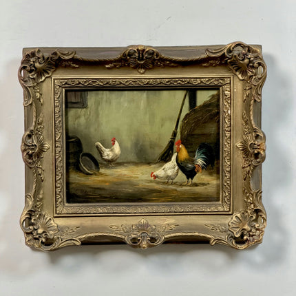 Traditional Animals Oil Painting "Rooster Pair" Authentic Small Artwork Holland Art Shop