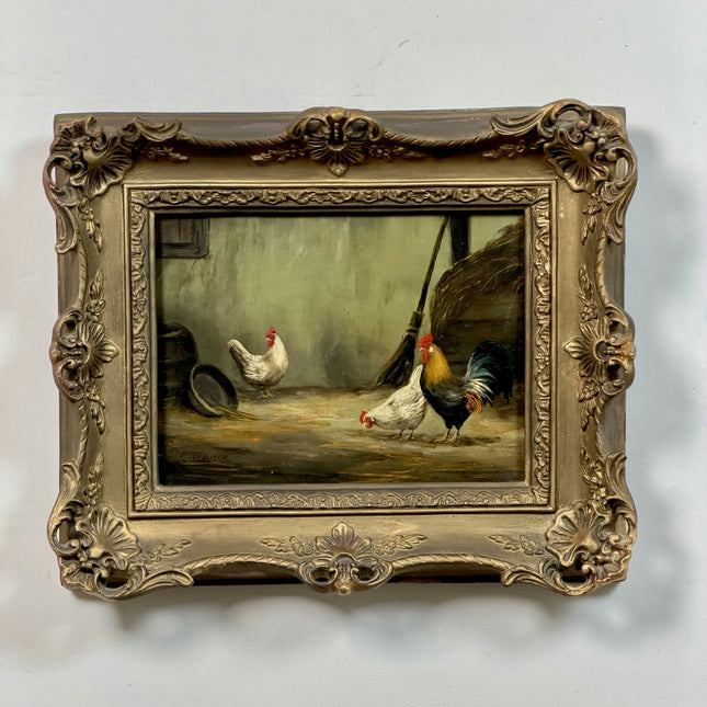 Traditional Animals Oil Painting "Rooster Pair" Authentic Small Artwork Holland Art Shop