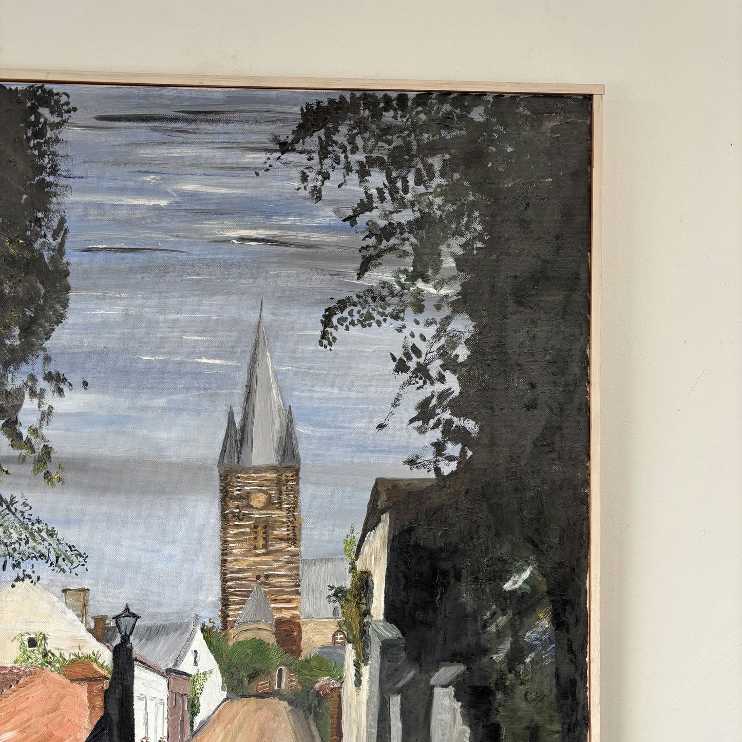 Figurative Oil Painting Cityscape "Church Tower" Vintage Medium Art