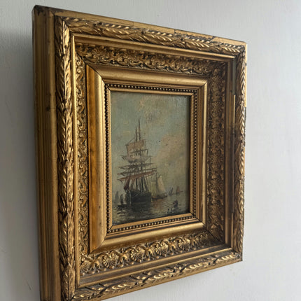 19th Century Antique Seascape Oil Painting "Gilded Frame" Small Art Holland Art Shop