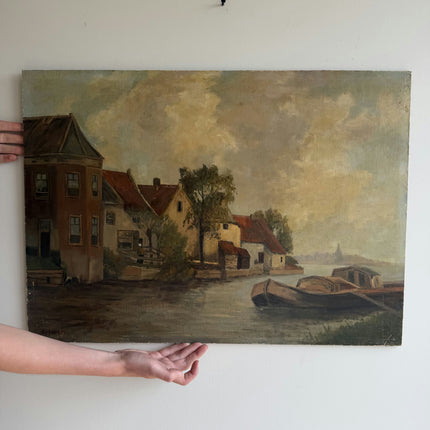 Refined Harbor Scene Oil Painting "River Boat" Timeless Artwork Holland Art Shop
