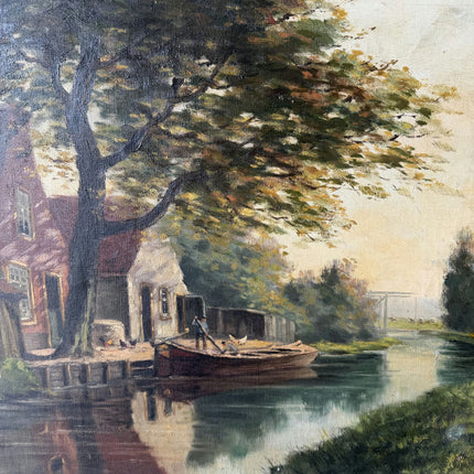 Detailed Scenery Oil Painting "Riverside Boat" Traditional Artwork Holland Art Shop