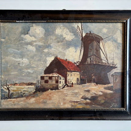 Dutch Antique Oil Painting Windmill Landscape Scene with Farmhouses Framed - HollandArtShop