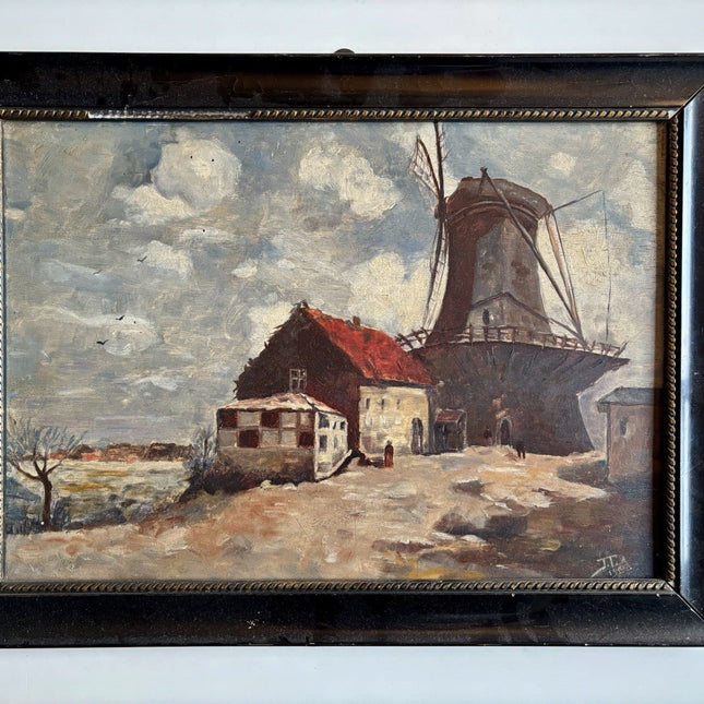 Dutch Antique Oil Painting Windmill Landscape Scene with Farmhouses Framed - HollandArtShop
