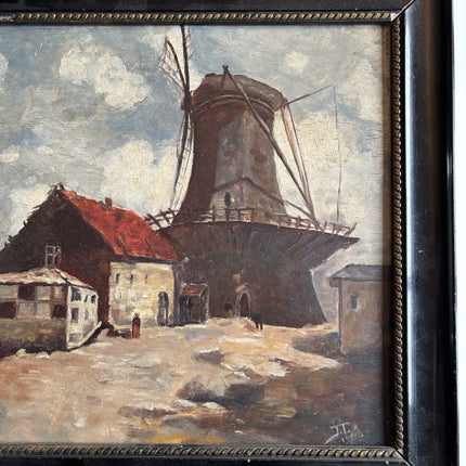 Dutch Antique Oil Painting Windmill Landscape Scene with Farmhouses Framed - HollandArtShop