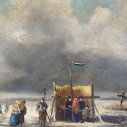 Dutch Artwork Ice Skaters on Lake Cloudy Winter Landscape Windmill T.E DE BOCK - HollandArtShop