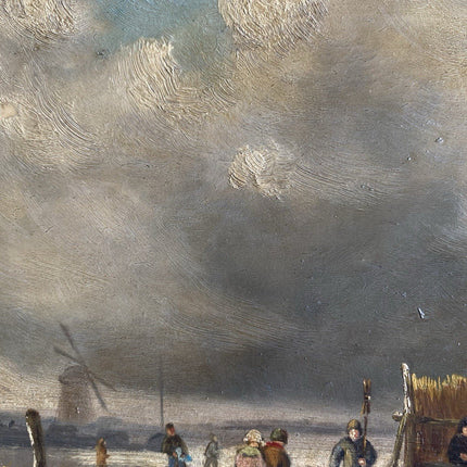 Dutch Artwork Ice Skaters on Lake Cloudy Winter Landscape Windmill T.E DE BOCK - HollandArtShop