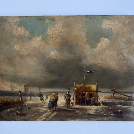 Dutch Artwork Ice Skaters on Lake Cloudy Winter Landscape Windmill T.E DE BOCK - HollandArtShop