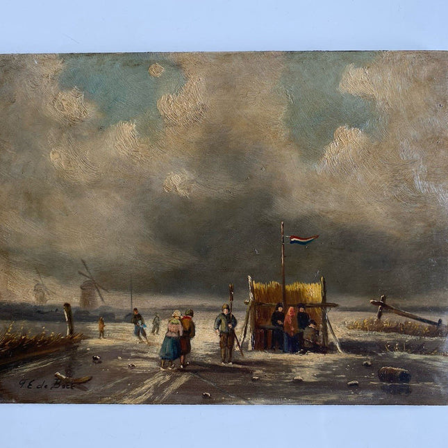 Dutch Artwork Ice Skaters on Lake Cloudy Winter Landscape Windmill T.E DE BOCK - HollandArtShop