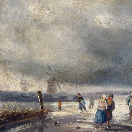 Dutch Artwork Ice Skaters on Lake Cloudy Winter Landscape Windmill T.E DE BOCK - HollandArtShop
