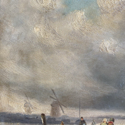 Dutch Artwork Ice Skaters on Lake Cloudy Winter Landscape Windmill T.E DE BOCK - HollandArtShop