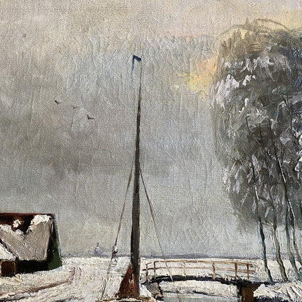 Dutch Artwork "Winter RIver" Classic Art Piece Signed Boat on Panel Oil Painting - HollandArtShop