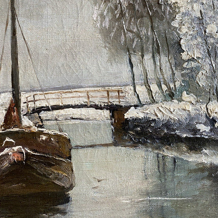 Dutch Artwork "Winter RIver" Classic Art Piece Signed Boat on Panel Oil Painting - HollandArtShop