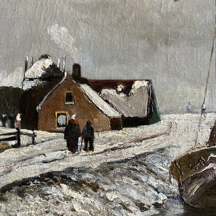 Dutch Artwork "Winter RIver" Classic Art Piece Signed Boat on Panel Oil Painting - HollandArtShop