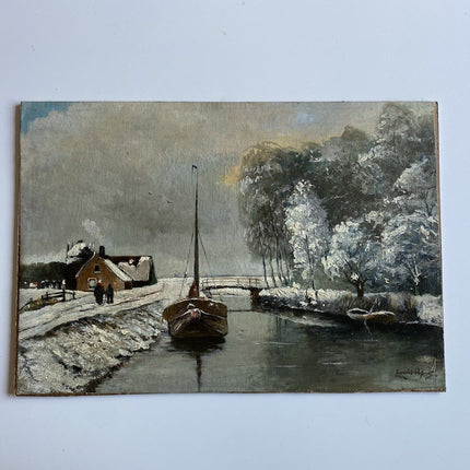 Dutch Artwork "Winter RIver" Classic Art Piece Signed Boat on Panel Oil Painting - HollandArtShop