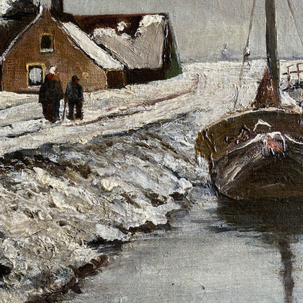 Dutch Artwork "Winter RIver" Classic Art Piece Signed Boat on Panel Oil Painting - HollandArtShop