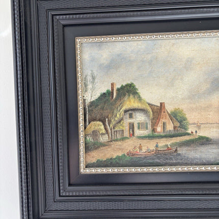Dutch Harbor Scene Antique Oil Painting Landscape River Boats 19th Century - HollandArtShop