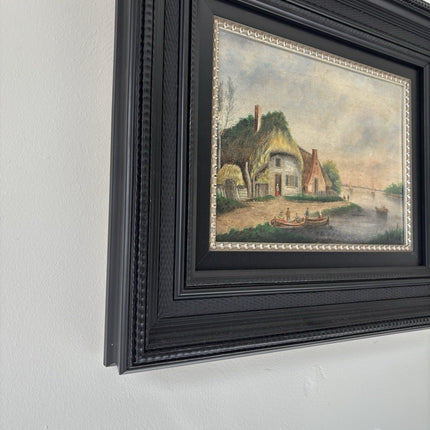 Dutch Harbor Scene Antique Oil Painting Landscape River Boats 19th Century - HollandArtShop