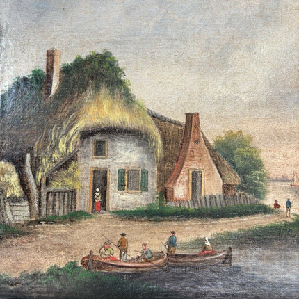 Dutch Harbor Scene Antique Oil Painting Landscape River Boats 19th Century - HollandArtShop