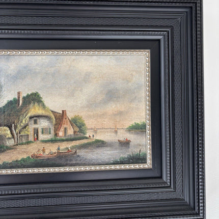 Dutch Harbor Scene Antique Oil Painting Landscape River Boats 19th Century - HollandArtShop