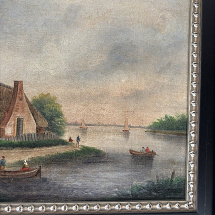Dutch Harbor Scene Antique Oil Painting Landscape River Boats 19th Century - HollandArtShop