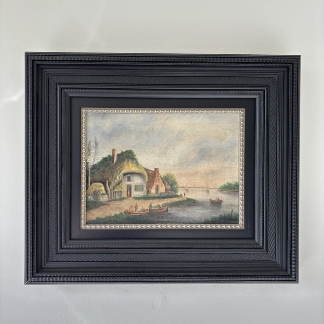 Dutch Harbor Scene Antique Oil Painting Landscape River Boats 19th Century - HollandArtShop