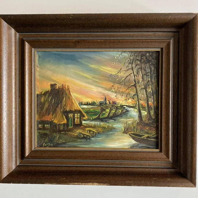 Dutch Landscape Oil Painting with Farmhouse ca 1950 - 1980 Colorfull Vintage Art - HollandArtShop