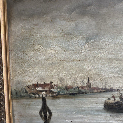 Dutch Winter Landscape Oil Painting with Windmill After Louis Apol Ornate Frame - HollandArtShop