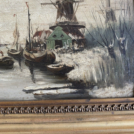 Dutch Winter Landscape Oil Painting with Windmill After Louis Apol Ornate Frame - HollandArtShop